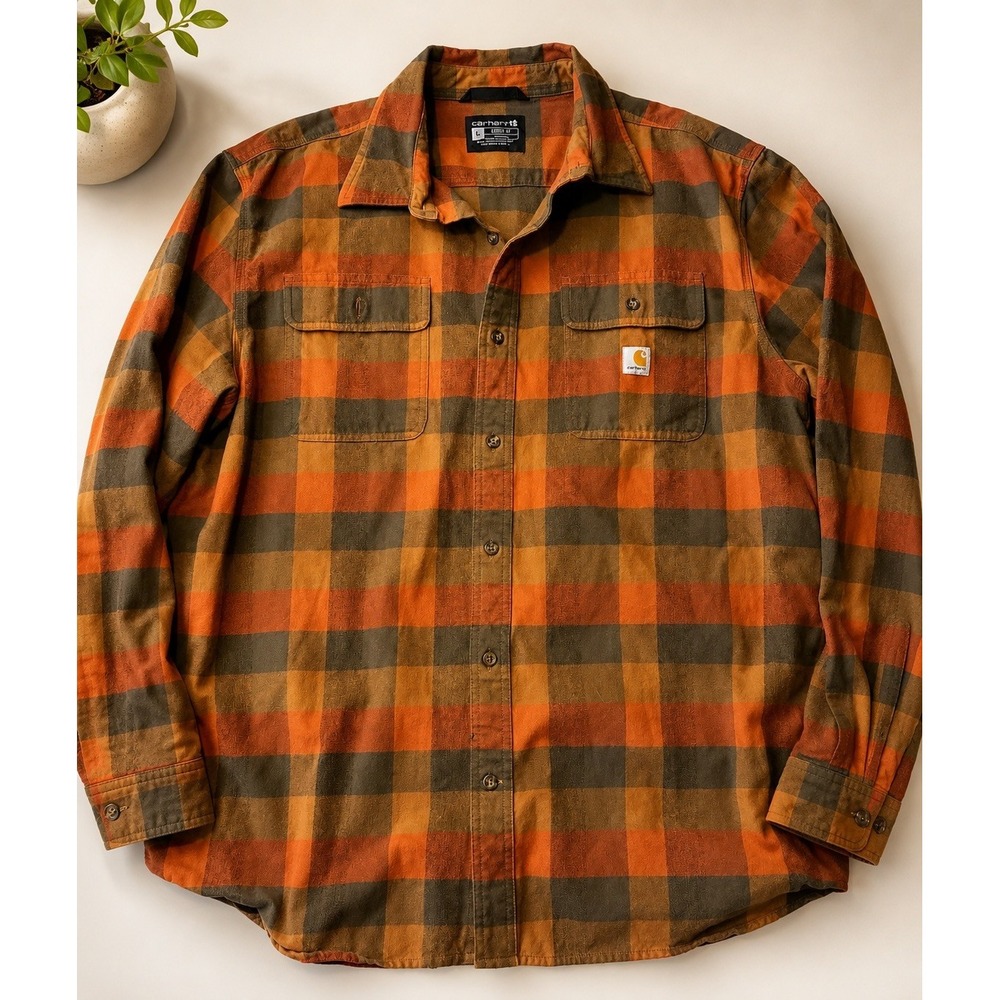 Carhartt Loose Fit Men's X-Large Flannel Button Up Plaid Long Sleeve Heavy